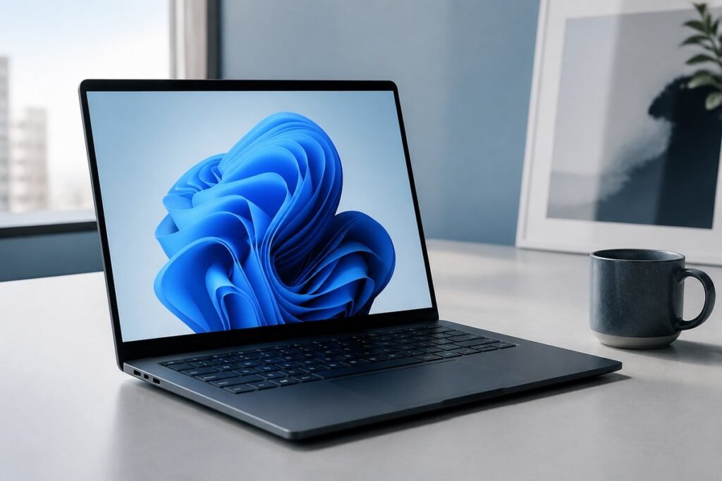 Laptop displaying the Windows 11 bloom wallpaper on a bright desk — choosing a Windows 11 edition
