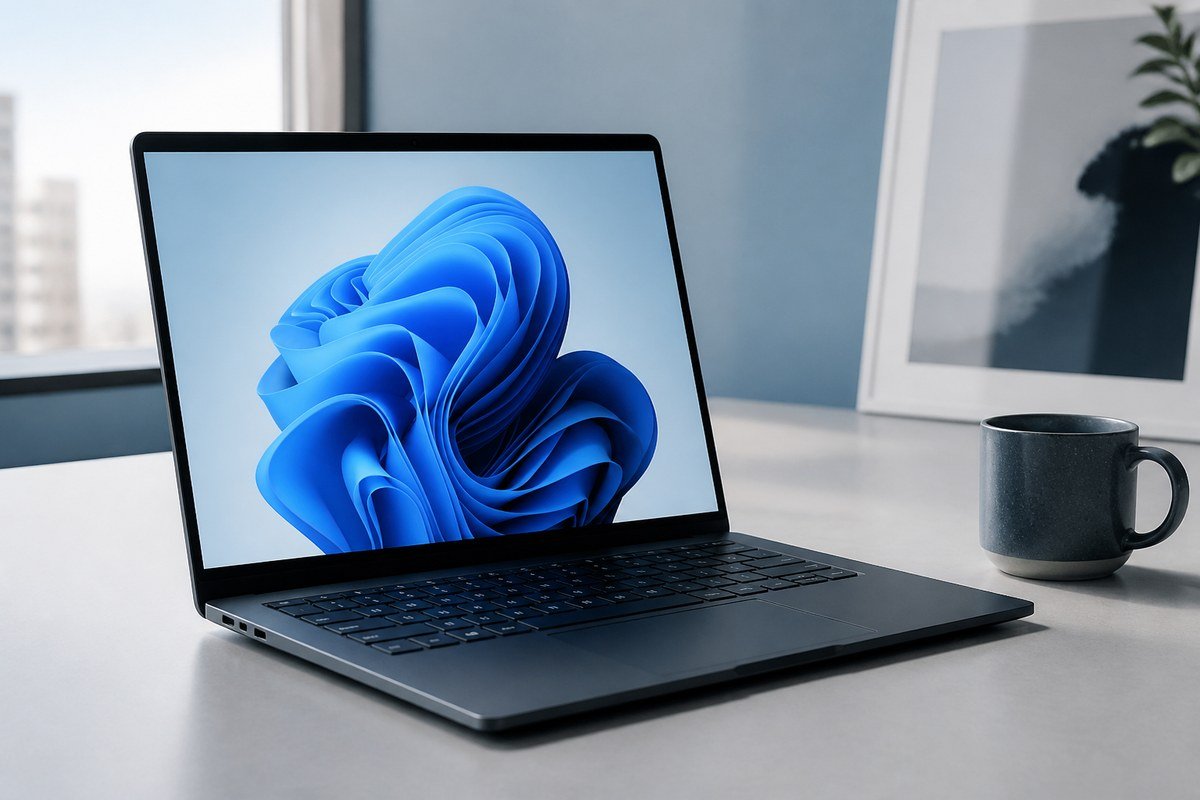 Laptop displaying the Windows 11 bloom wallpaper on a bright desk — choosing a Windows 11 edition