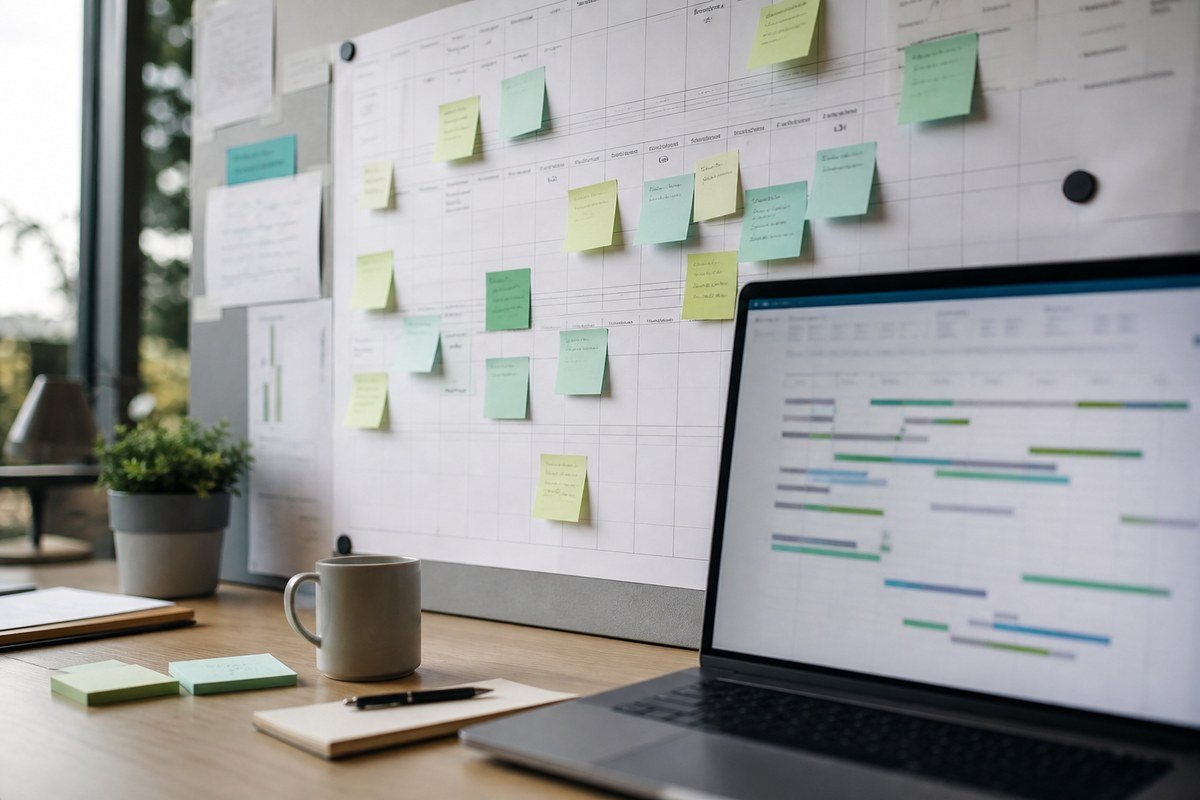 Project planning desk with sticky-note board and laptop timeline view — Microsoft Project Plan 3