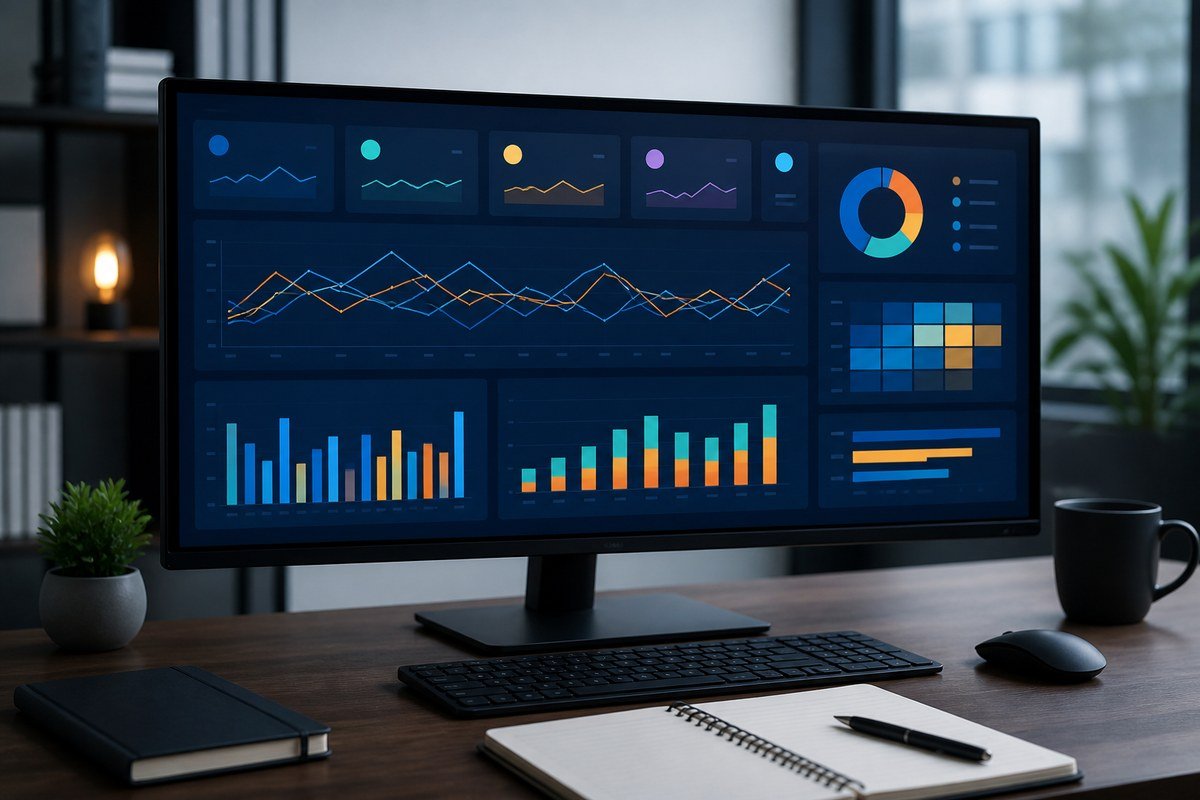 Analyst desk with widescreen monitor showing colorful business charts and dashboards — Power BI decisions
