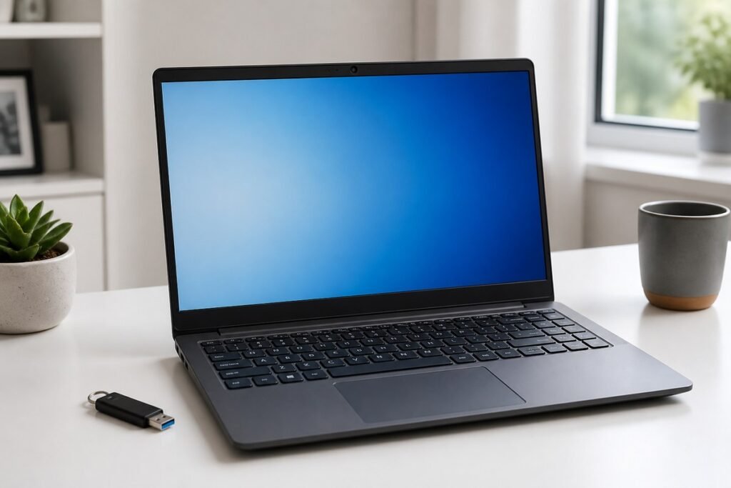 Laptop and USB drive on a clean desk prepared for a Windows 11 Pro installation