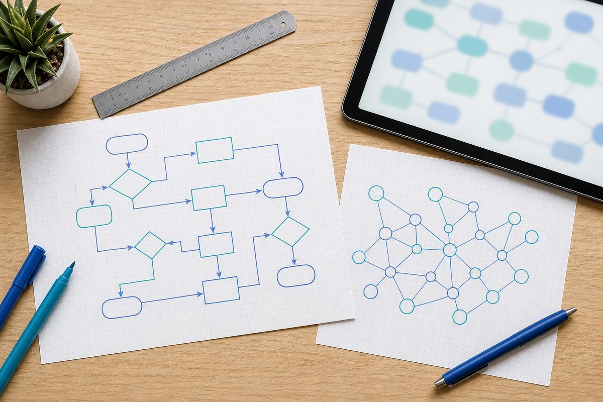 Drafting desk with flowchart and network diagram sketches for Microsoft Visio planning