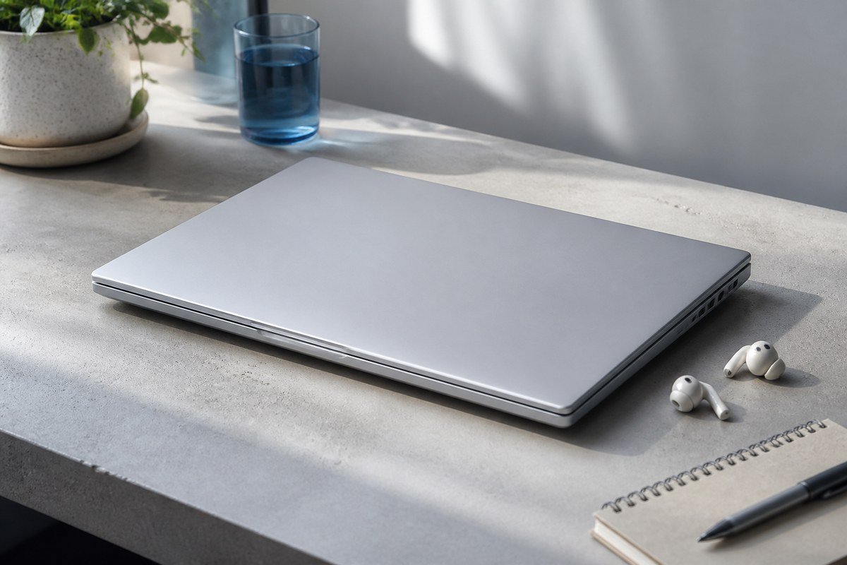 Closed premium silver laptop on a concrete desk with earbuds — best Windows 11 laptops buying guide