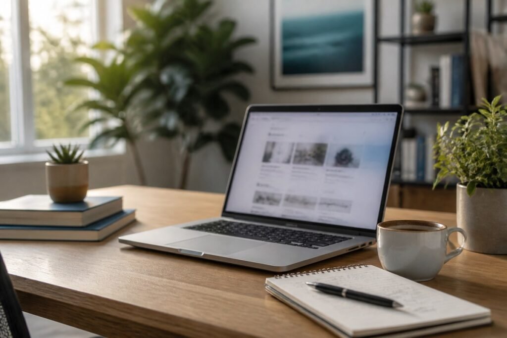 Modern small-business workspace with laptop, notebook and coffee — editorial cover for KEYTIVO Microsoft software guide