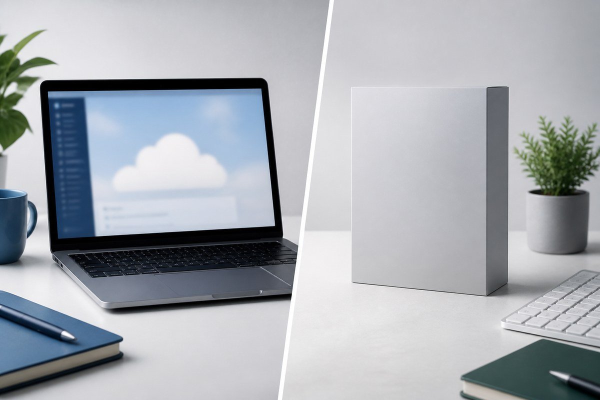 Split desk scene contrasting a cloud-ready laptop with a perpetual software box — Microsoft 365 vs Office 2024